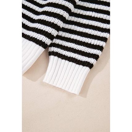 Black Stripe Zip up Collar Drop Shoulder Sweater