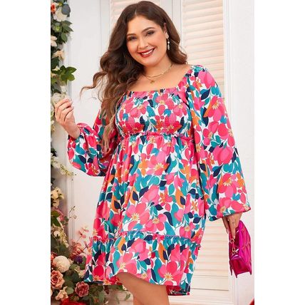 Rose Flower Print Smocked Square Neck Plus Size Dress