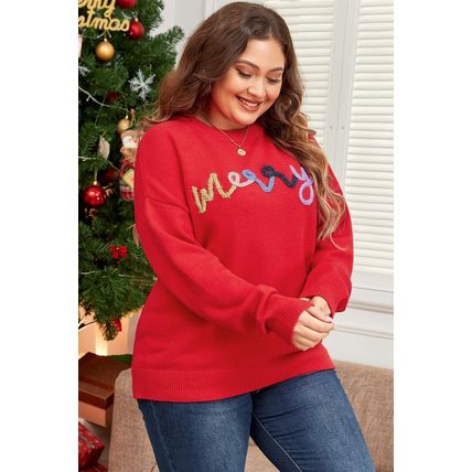 Fiery Red Tinsel merry Pattern Drop Shoulder Plus Size Sweater