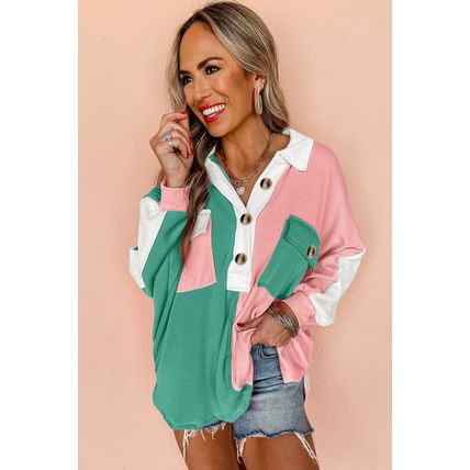 Pink Colorblock Ribbed Collared Oversized Sweatshirt
