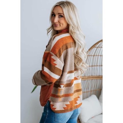 Brown Quilted Patch Pockets Aztec Furry Jacket