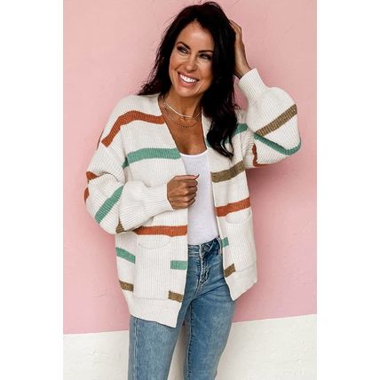 Beige Drop Shoulder Pocketed Stripe Sweater Cardigan