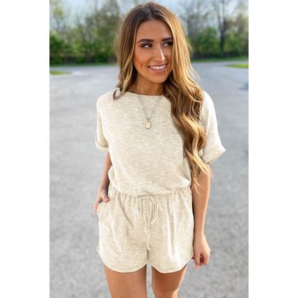 Beige Ribbed Elastic Waist Romper