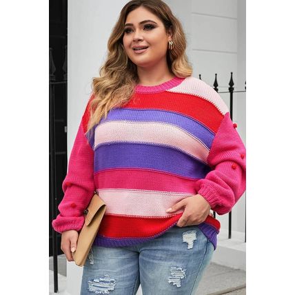 Pink Plus Size Striped Knit Pompom Puff Sleeve Sweater
