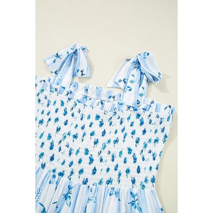 Sky Blue Floral Smocked Tied Straps A-Lined Tiered Maxi Dress