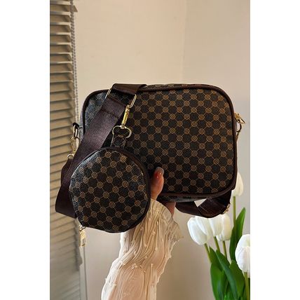 Coffee Checkered Print PU Leather Shoulder Bag with Coin Wallet