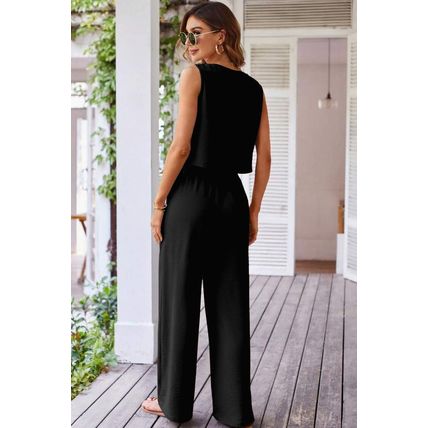 Black Buttoned Vest Drawstring Wide Leg Pants 2pcs Set