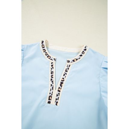 Beau Blue Contrast Leopard Trim Split Neck Puff Sleeve Blouse