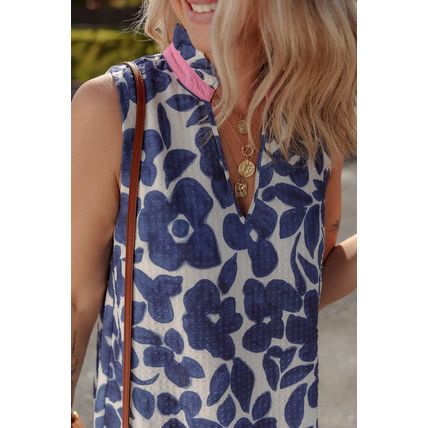 Blue Floral Sleeveless Colorblock Notched V Neck Mini Dress