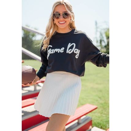 Black Chenille Game Day Graphic Drop Shoulder Sweatshirt