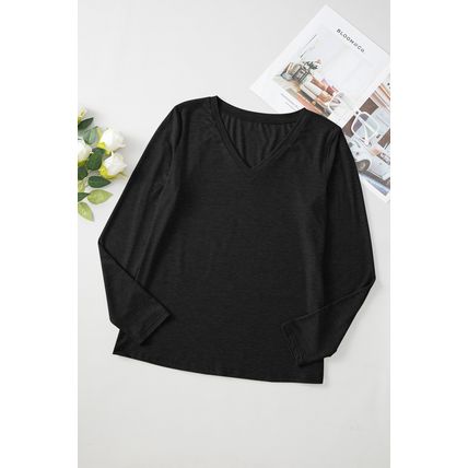 Black Solid Color V Neck Long Sleeve Stretchy Top