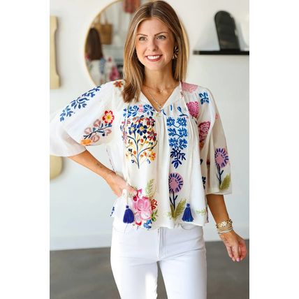White Floral Print Tassel Tie Bracelet Sleeve Flowy Blouse