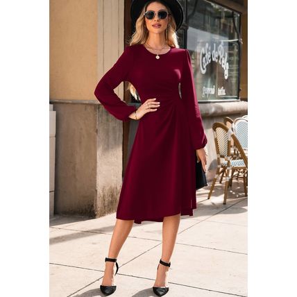 Burgundy Solid Color Ruched Detail Long Sleeve Midi Dress