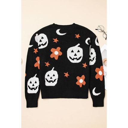 Black Halloween Mythical Night Pattern Drop Shoulder Sweater