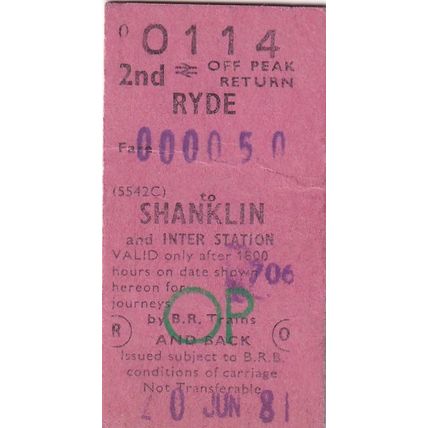 RYDE Isle of Wight - SHANKLIN British Railways (S) Ticket 1981 BR 0114