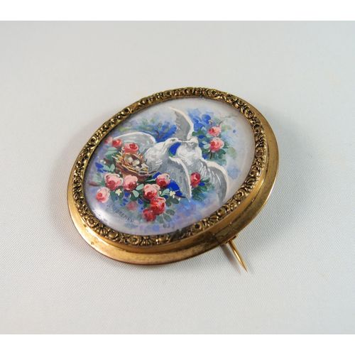 Nice estate brooch, Hand painted love birds Pin, 1870s Signed artwork