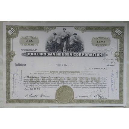 Phillips-Van Heusen Corporation 100 Shares 1972 Stock/Share Certificate