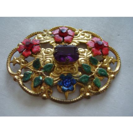 Vintage Brooch Large Czech Filigree Enamel Purple Faceted Bohemian Glass Stone