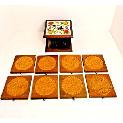 Wood Cork Coaster Set 8 Piece With "Home Sweet Home" Floral Hand painted - VTG