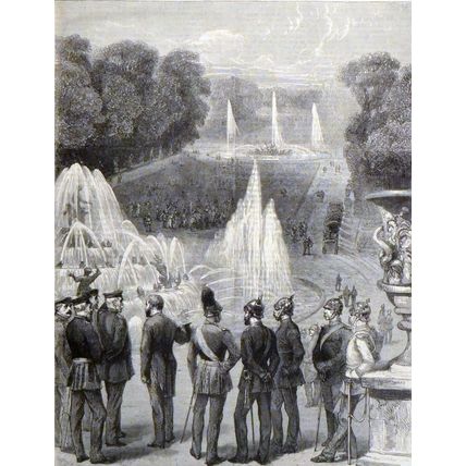 FOUNTAINS AT VERSAILLES - KING OF PRUSSIA 1870 VICTORIAN ENGRAVING