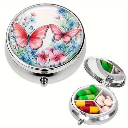 Chic Red Butterfly 3-Compartment Metal Pill Box - Portable & Decorative