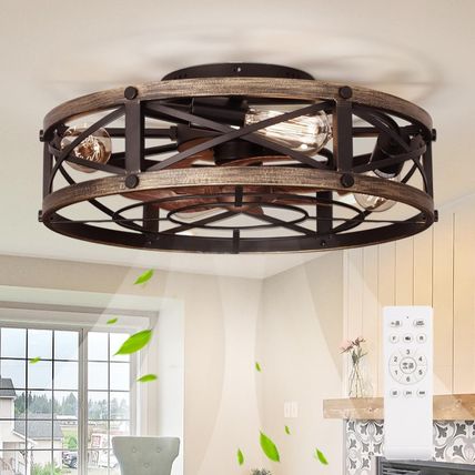 Farmhouse Flush Mount Caged Ceiling Fans with Lights, 6 Speeds, Rustic Low Profi