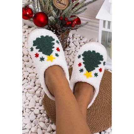 White Fuzzy Christmas Tree Pattern Home Slippers