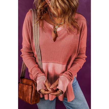 Mineral Red Exposed Seam Slit Neck Waffle Knit Patchwork Top