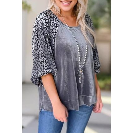 Medium Grey Leopard Splicing Lantern Sleeve Velvet Blouse