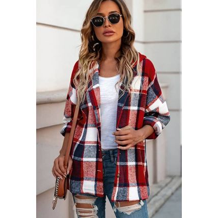 Red Hooded Plaid Button Front Shacket