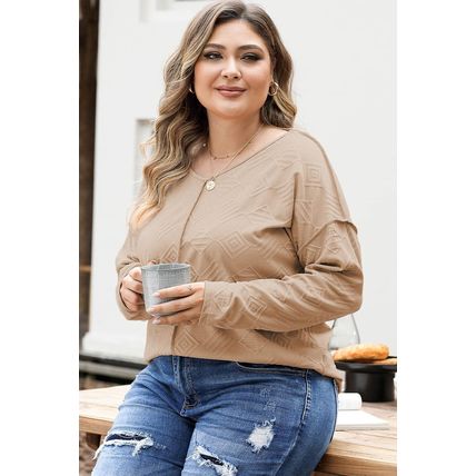 Khaki Plus Size Textured Drop Shoulder Exposed Seam Top