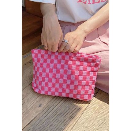 Bright Pink Checkered Print Cosmetic Bag