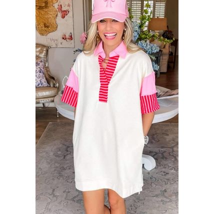 White Stripe Colorblock Patchwork Short Sleeve T Shirt Dress