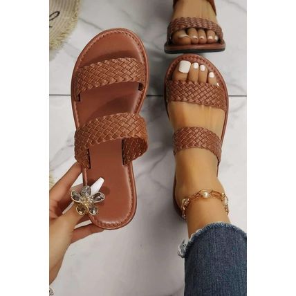Chestnut Braided Double Band Leathered Flat Slippers