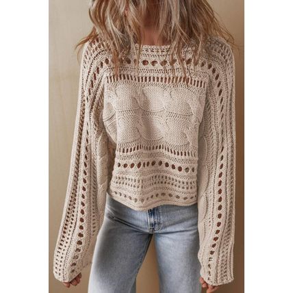 Smoke Gray Hollow-out Cable Knit Cropped Sweater