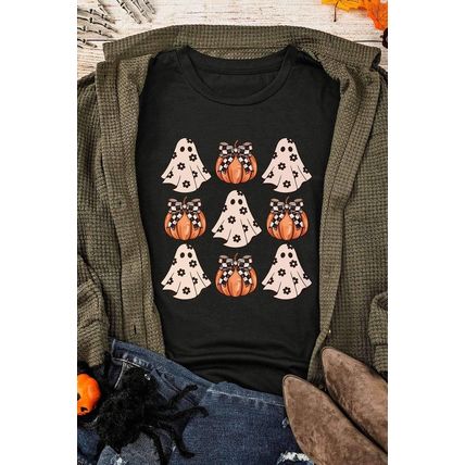 Black Halloween Ghost Pumpkin Print Crew Neck T Shirt
