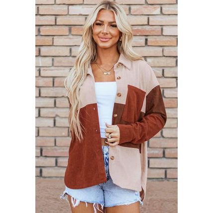 Cinnamon Colorblock Curved Hem Corduroy Shacket with Pocket
