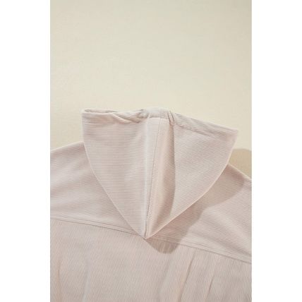 White Corduroy Drawstring Hooded Pocket Zip Up Jacket