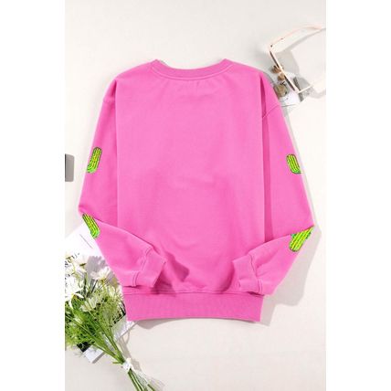 Bonbon Sequined Cactus Pattern Crewneck Pullover Sweatshirt