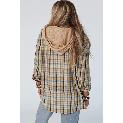 Ashleigh Blue Waffle Knit Patchwork Hooded Plaid Shacket