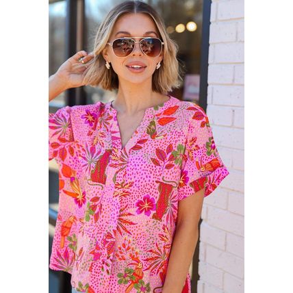 Rose Jungle Floral Print Notch V Neck Blouse