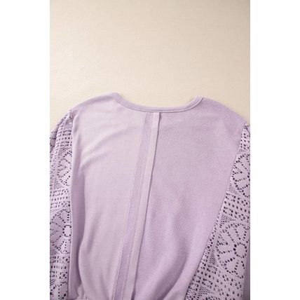 Orchid Petal Knit Crochet Exposed Seam Ribbed Trim Sweatshirt
