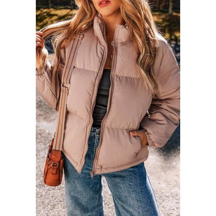 Apricot Pink Full Zipper Quilted Puffer Jacket