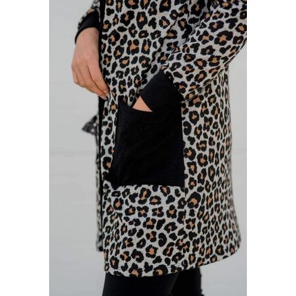 Black Leopard Patched Pocket Open Front Cardigan
