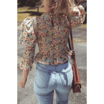Yellow Floral Print Smocked Bubble Sleeve Ruffled Crop Top