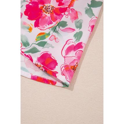 Pink Floral Boxy Fit Ruffled Short Sleeve V Neck Blouse