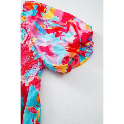 Rose Abstract Printed Puff Sleeve Square Neck Smocked Bust Tied Back Plus Size D