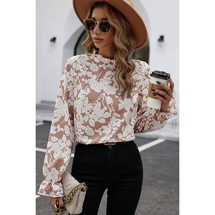 Flaxen Floral Print Frilled Neckline Flounce Sleeve Blouse