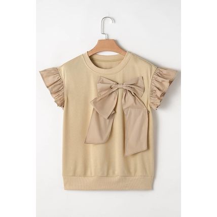 Parchment Two Tones Ribbon Bow Ruffle Sleeve Top