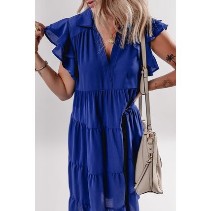 Bluing Ruffled Short Sleeve Collared V Neck Tiered Midi Dress